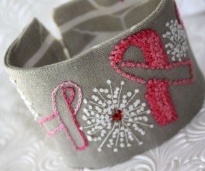 Fabric Cuff Linen Pink Ribbon Cure for Cancer Embroidery Cuff