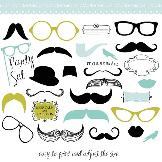 Mustache, Spectacles. and Lips Kiss Digital Clipart Set